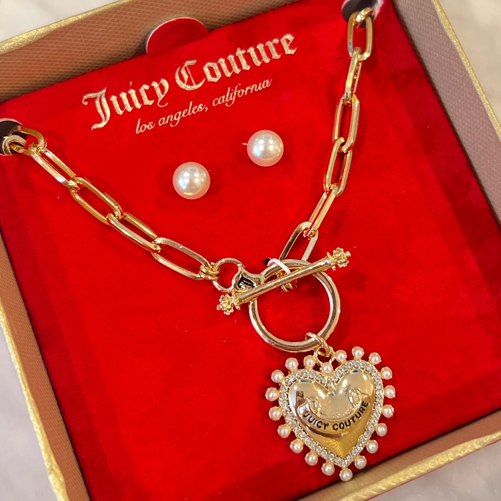 Juicy Couture Gold Heart Charm Link Chain Necklace with Earrings